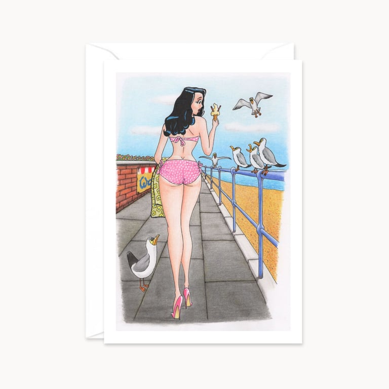 Seaside Pier Greeting Card: Hand Drawn Postcard Style Illustration (806)