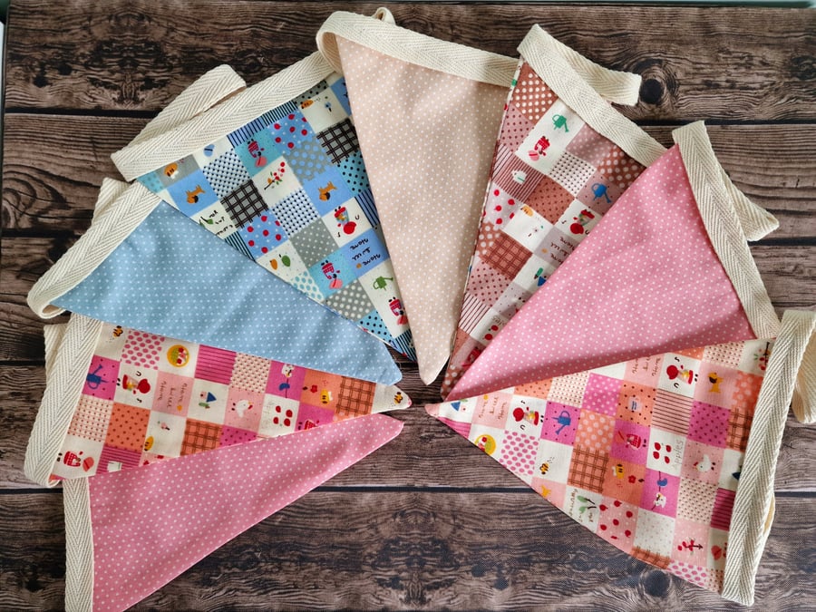 Beige, Pink & Blue Double sided handmade fabric bunting