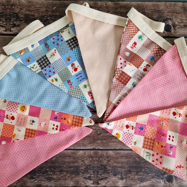 Beige, Pink & Blue Double sided handmade fabric bunting