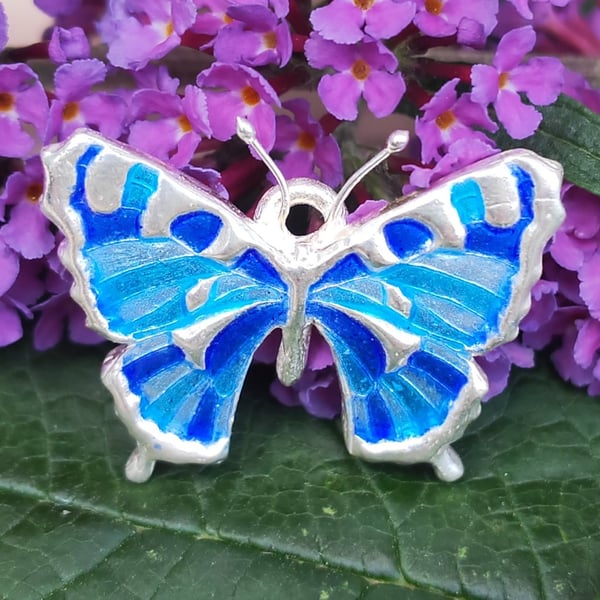 Fine silver and enamel handmade butterfly pendant 