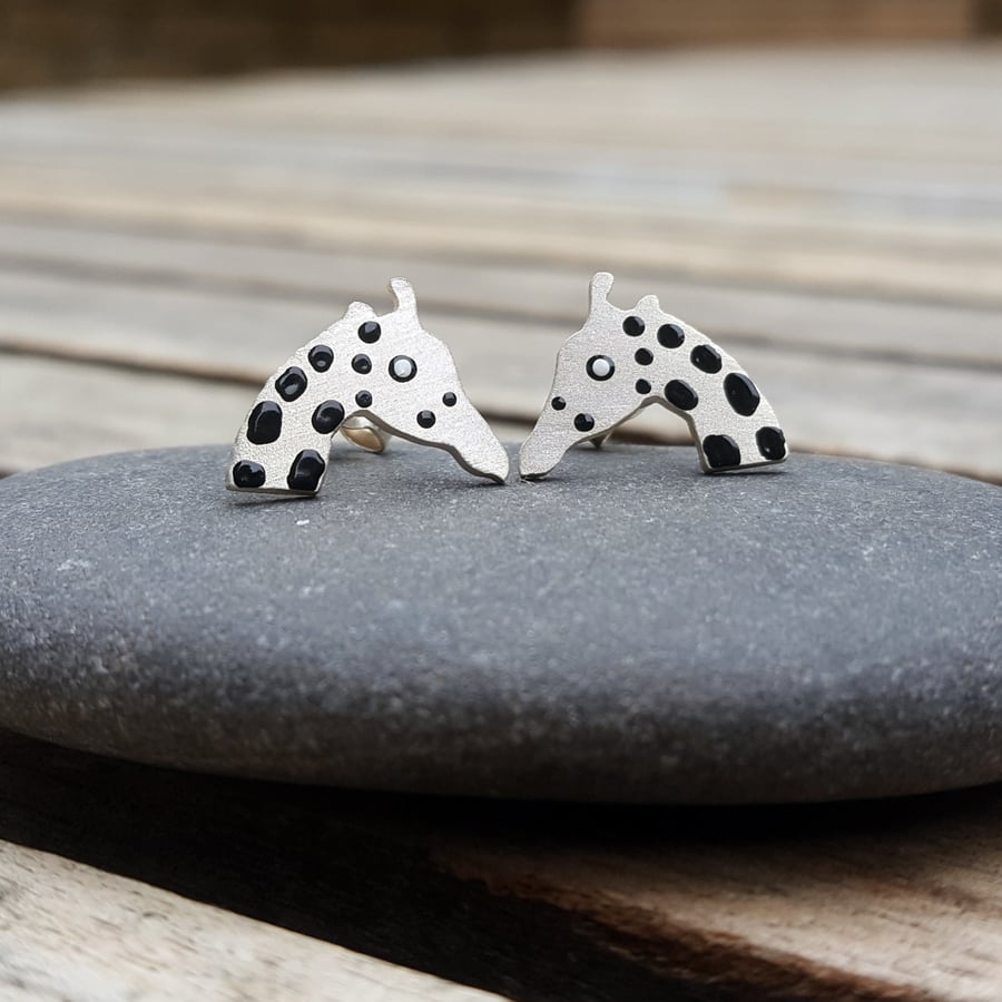 Giraffe stud earrings, enamel earrings, silver giraffe earrings