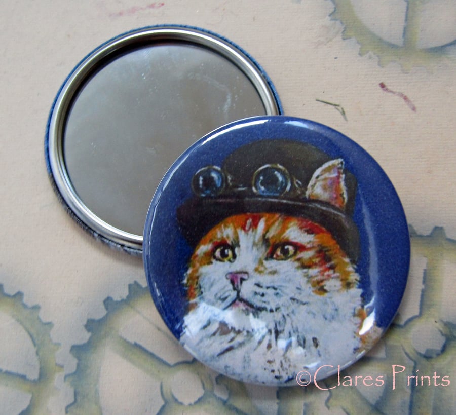 Steampunk Ginger Cat Art 58mm Pocket Mirror Animal 