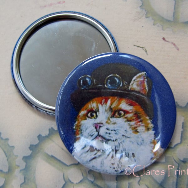 Steampunk Ginger Cat Art 58mm Pocket Mirror Animal 
