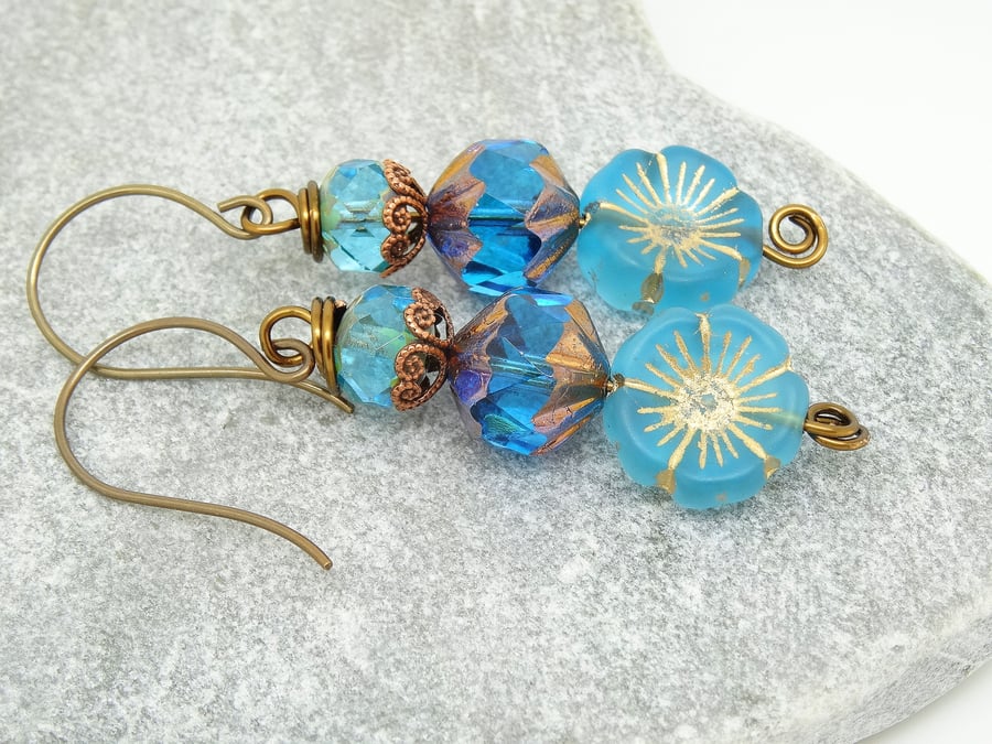 Czech Glass Earrings,Blue Earrings, Floral Earrings, Pansy Earrings, Handmade.