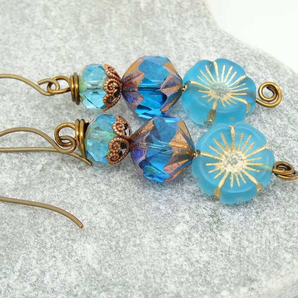 Czech Glass Earrings,Blue Earrings, Floral Earrings, Pansy Earrings, Handmade.