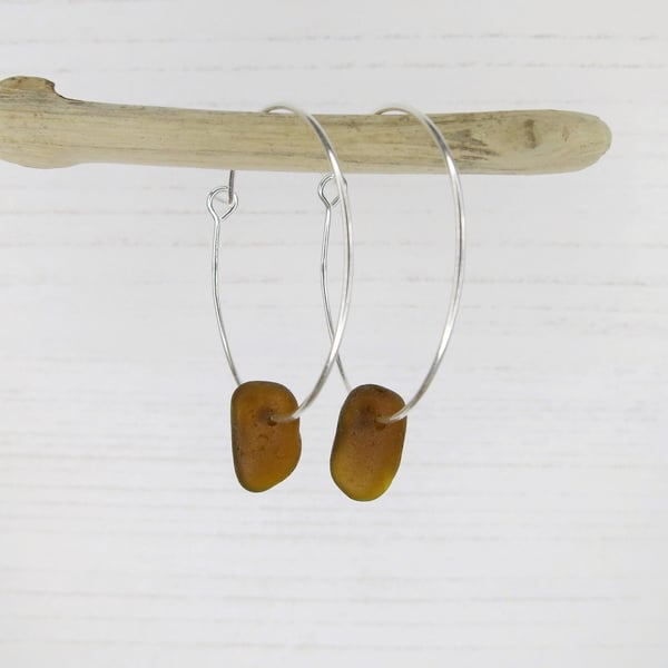 Cornish Sea Glass on 30mm Hoop Earrings - Burnt Orange