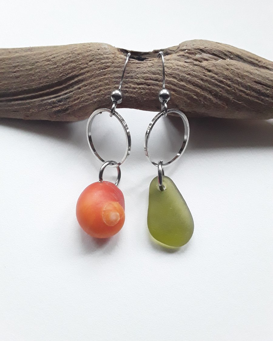 Asymmetrical Seaglass & Shell Earrings: Orange & Lime