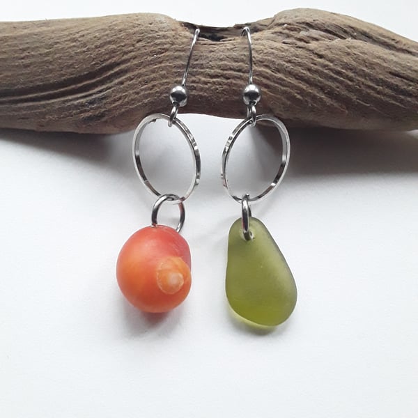 Asymmetrical Seaglass & Shell Earrings: Orange & Lime