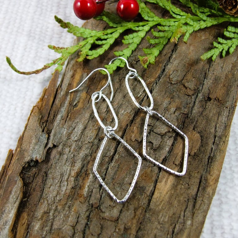 Earrings, Sterling Silver Oval and Diamond Shapes Droppers