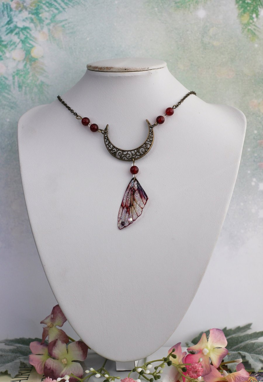 Pagan Crescent Moon Autumn Red Sparkle - Cicada Fairy Wing Necklace Bridal 