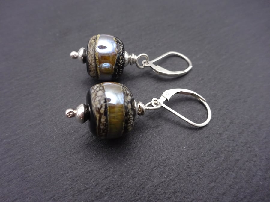 sterling silver lever back earrings, black lampwork glass