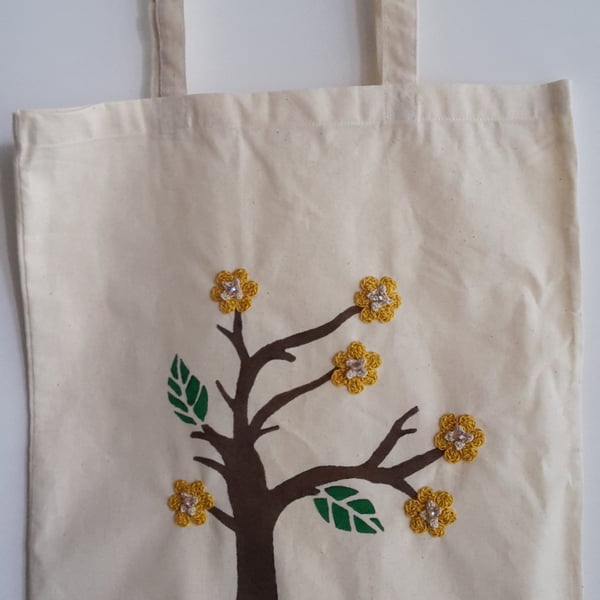 Crochet Flower tote bag- Hand Painted 