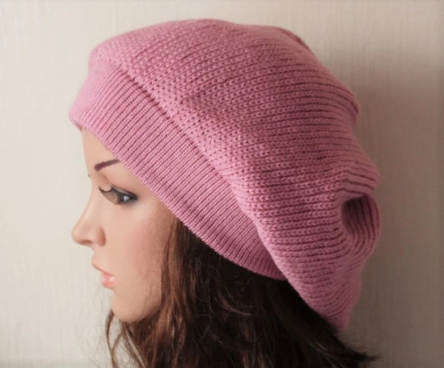 Handmade knitted baggy beret, pale rose fall tam, slouchy beanie hat for women