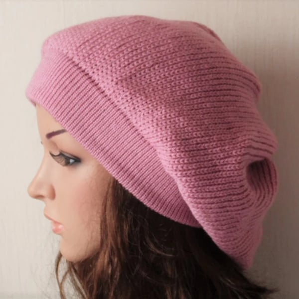 Handmade knitted baggy beret, pale rose fall tam, slouchy beanie hat for women
