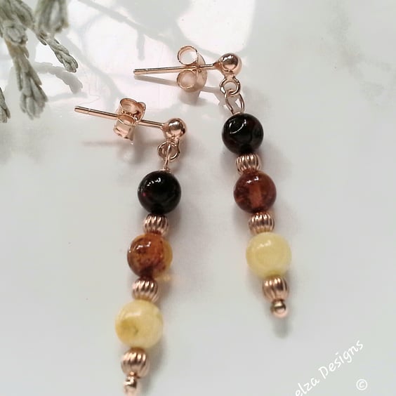 Baltic Amber Drop Stud Rose Gold Vermeil Earrings (925 sterling silver)