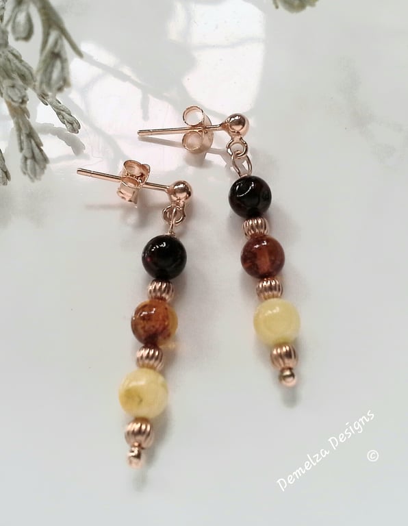 Baltic Amber Drop Stud Rose Gold Vermeil Earrings (925 sterling silver)
