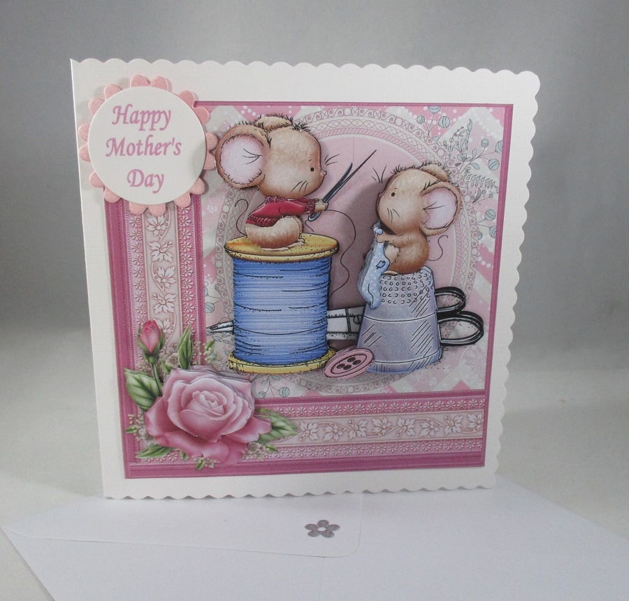 Mothers Day, cute mice greeting card,sewing,3D, Decoupage