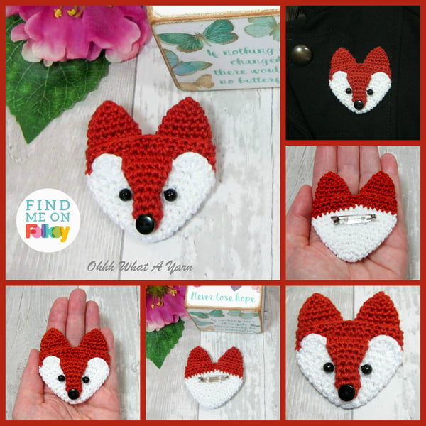 Crochet fox brooch, fox pin, fox badge. Fox brooch
