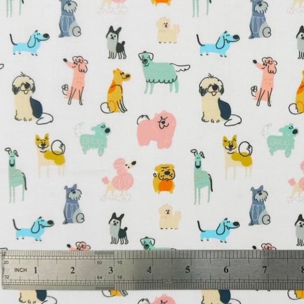 polycotton fabric material scribble dogs puppies 