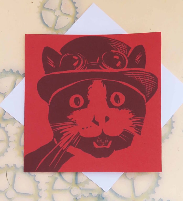 Steampunk Cat Art Greeting Card From Original Lino Cut Print Red