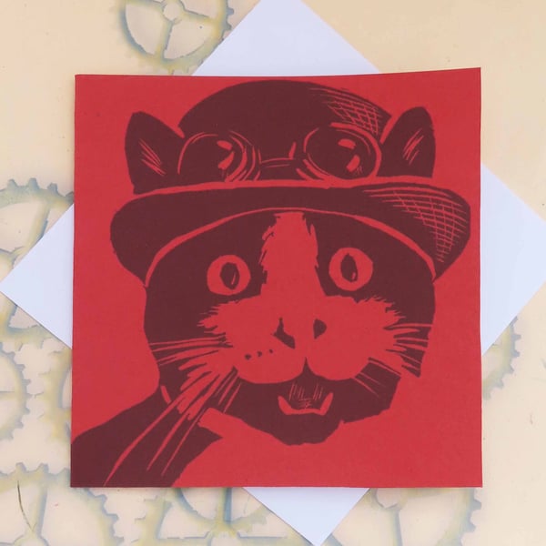Steampunk Cat Art Greeting Card From Original Lino Cut Print Red