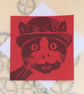 Steampunk Cat Art Greeting Card From Original Lino Cut Print Red