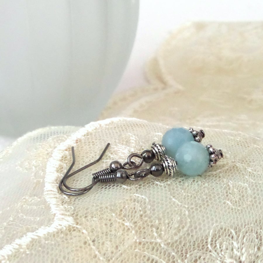Aquamarine earrings on gunmetal wires, March birthstone gift