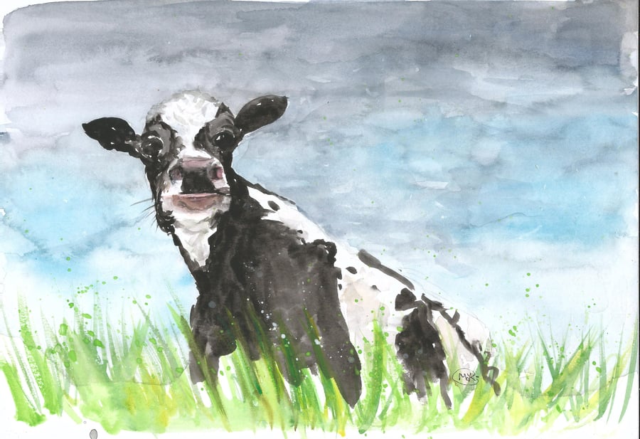 Cute Cow in Meadow. Original painting