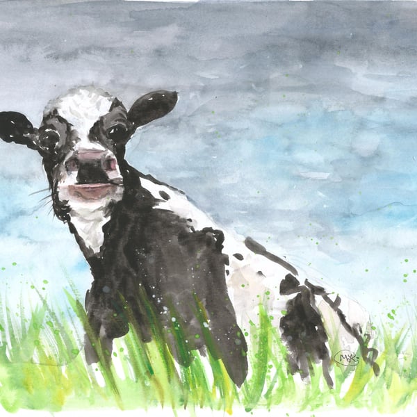 Cute Cow in Meadow. Original painting