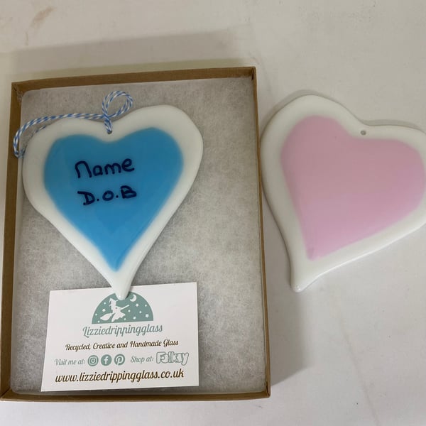 New Baby fused glass heart hanger  (Option to personalise)