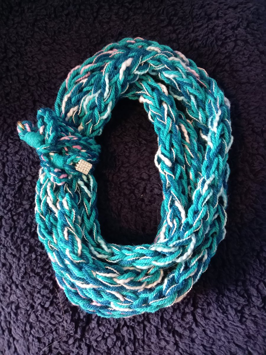 Teal Turquoise Long Skinny Finger Knitted Infinity Scarf 