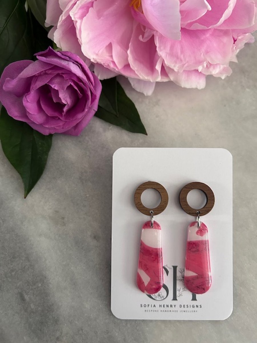 Pink and White Marble Effect Earrings Handmade Polymer Clay & Wood Dangles