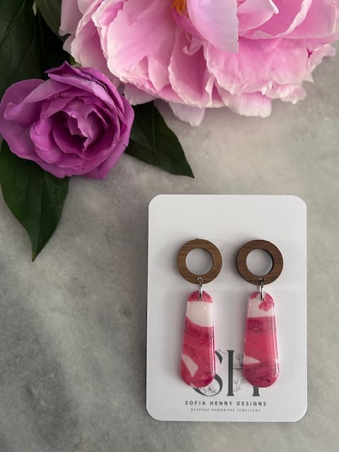 Pink and White Marble Effect Earrings Handmade Polymer Clay & Wood Dangles