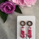 Pink and White Marble Effect Earrings Handmade Polymer Clay & Wood Dangles