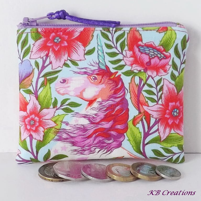 Small purse, coin purse, unicorn, floral
