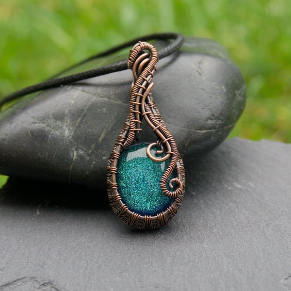 Copper Wire Wrapped Pendant with Green Dichroic Glass