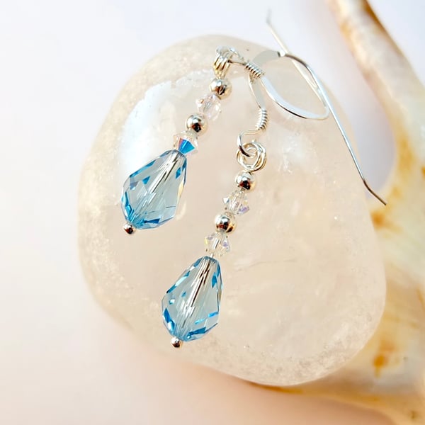 Aquamarine Swarovski Crystal Teardrop And Sterling Silver Earrings.