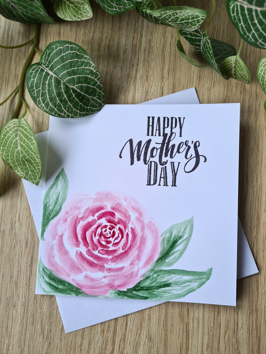 Watercolour rose Mother's Day card handpainted black or pink text