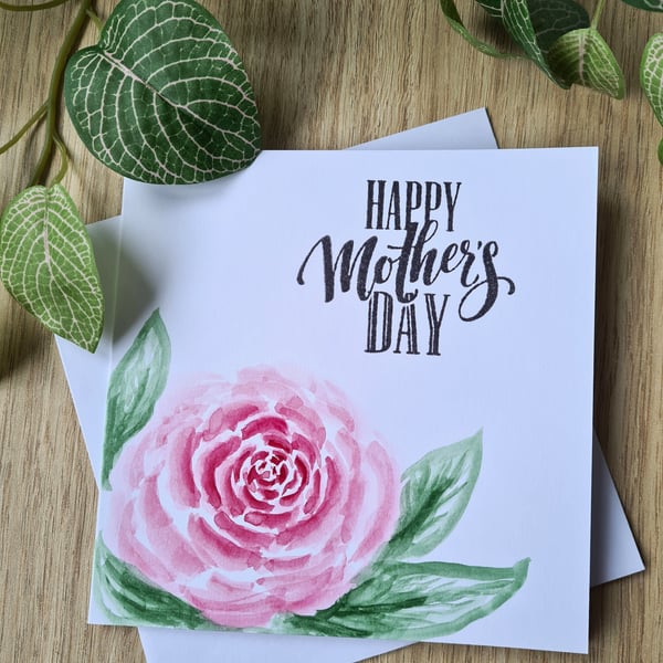 Watercolour rose Mother's Day card handpainted black or pink text