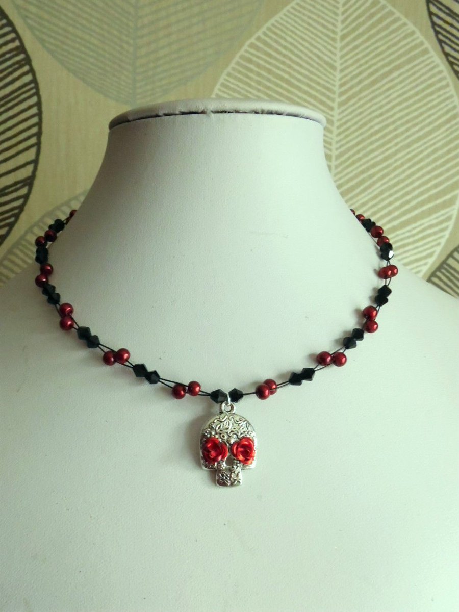 Sugar SKull Pendant Necklace Red & Black Beaded DAY OF THE DEAD
