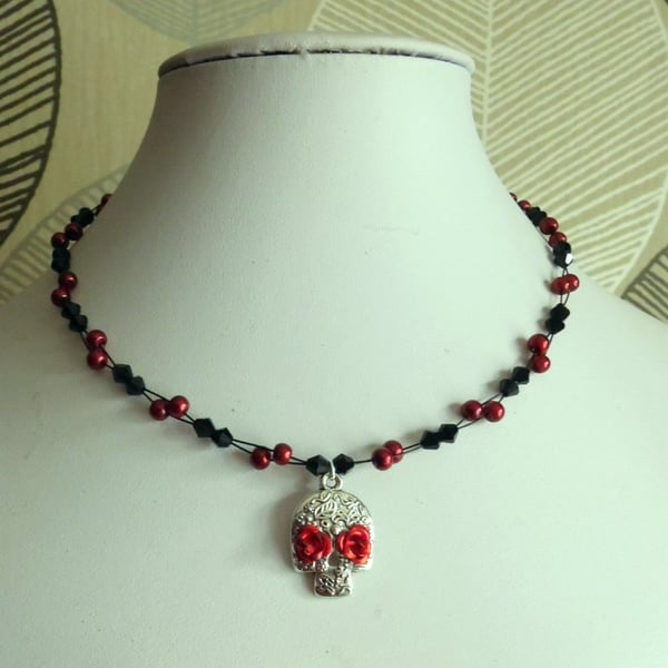 Sugar SKull Pendant Necklace Red & Black Beaded DAY OF THE DEAD