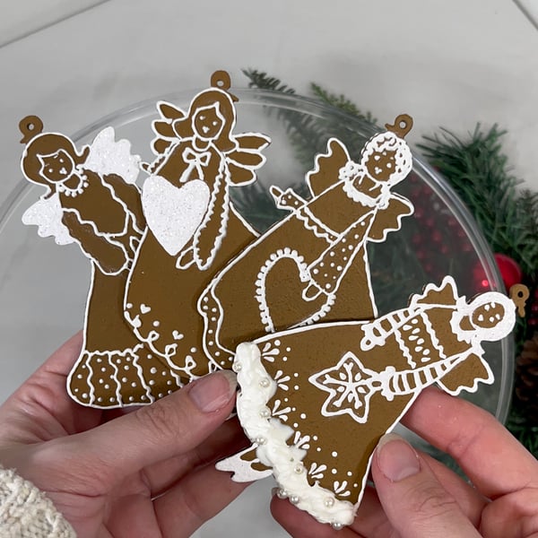 Christmas Tree Decorations Gingerbread Style Hand Painted Angels Handmade