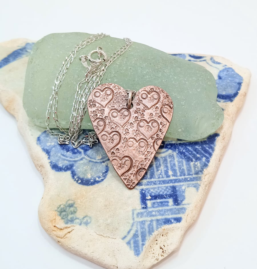 Antiqued Hand Stamped Copper Heart Pendant Necklace - UK Free Post