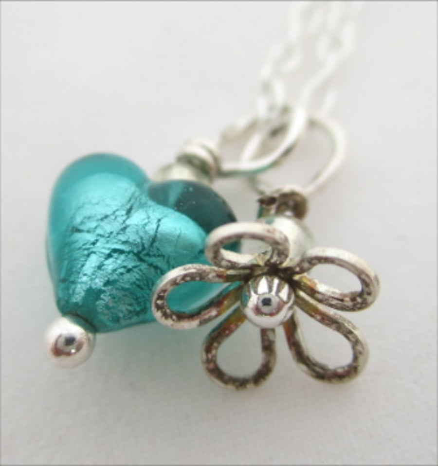 Silver Flower & Venetian Glass Heart & Sterling Flower Pendant, Turquoise.