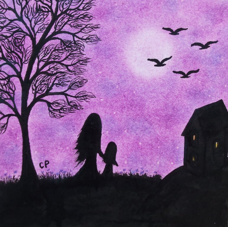 Daughter Card, Mother Child Art Card, Moon Tree Silhouette, Purple Card