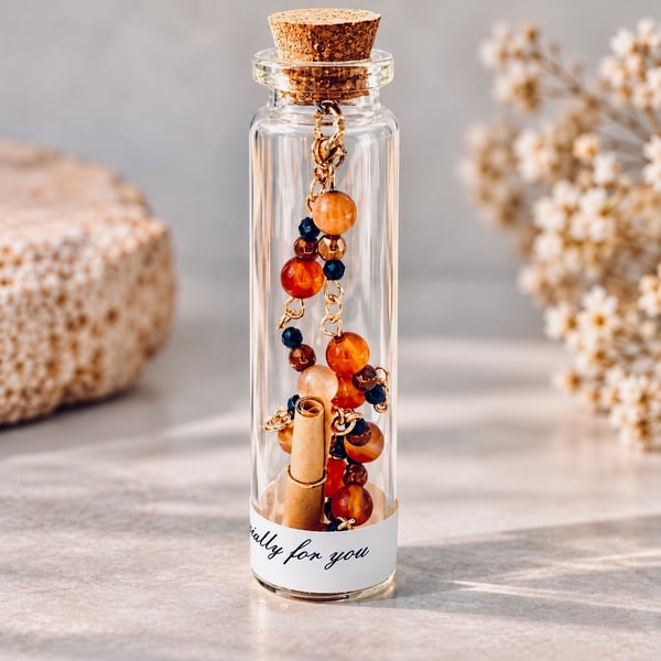 Fiery Carnelian Gemstone Bracelet in a Message Bottle