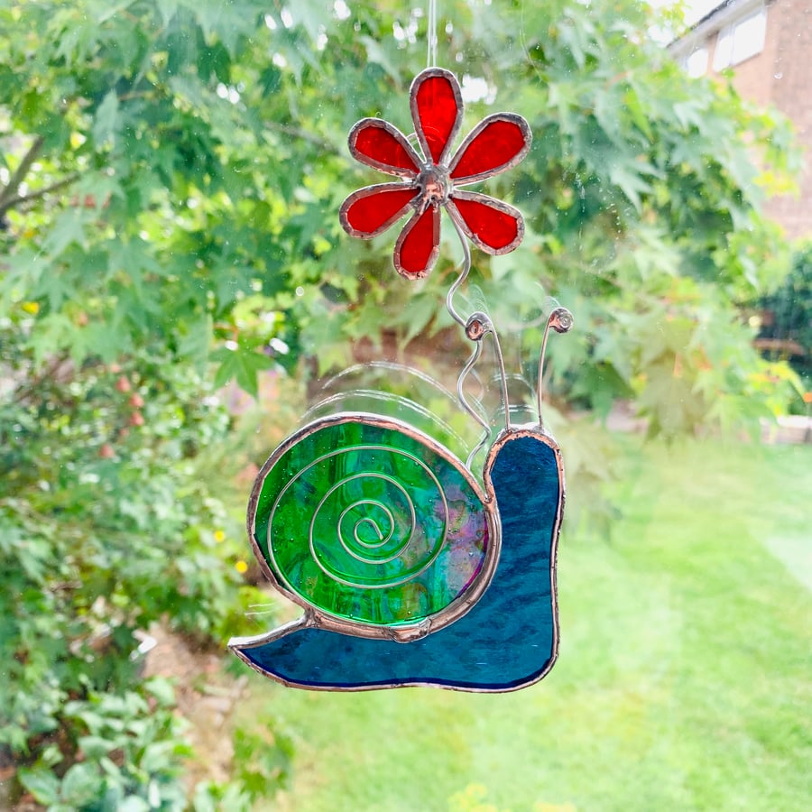 Stained Glass Snail Suncatcher - Handmade Window Decoration - Blue and Green