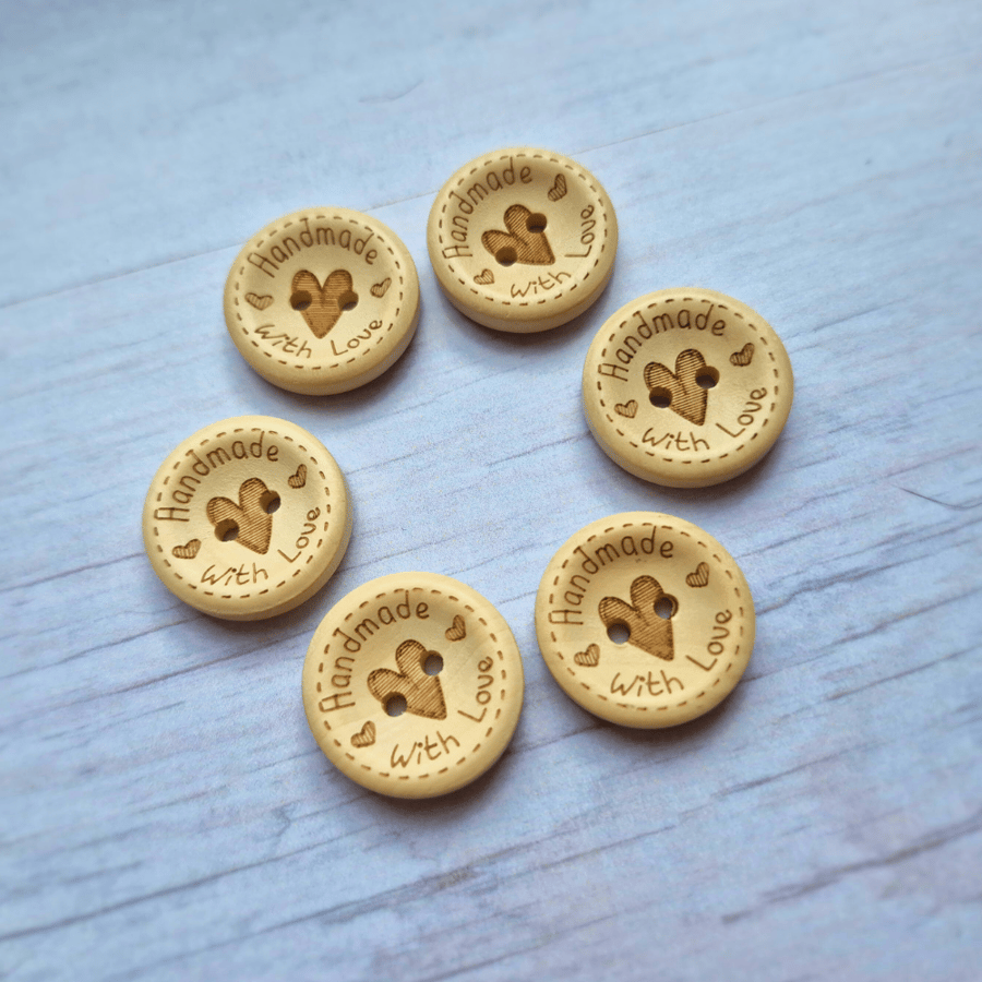 6 x Printed Wooden Buttons 20mm - Handmade With Love