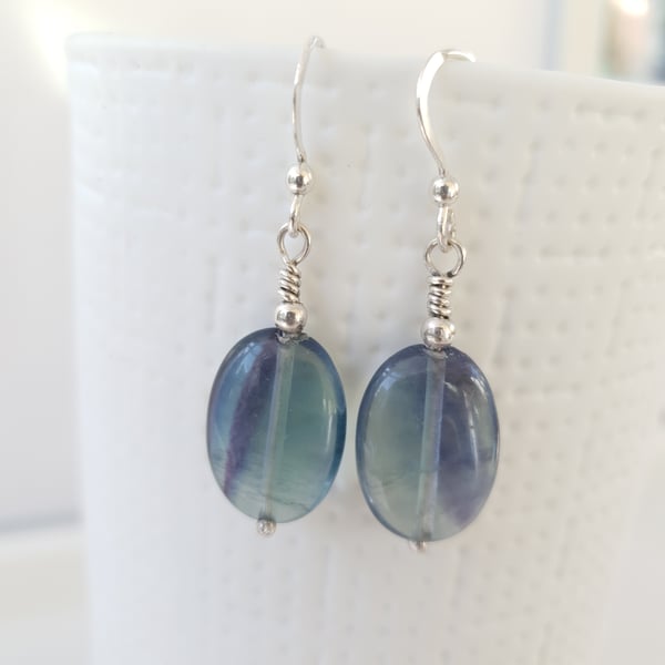 Pastel Fluorite Oval Dangle Gemstone Earrings Sterling Silver Aqua Lilac 