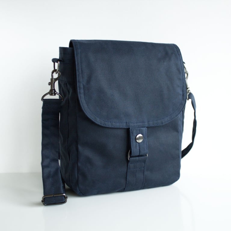Minimal tablet messenger bag in navy blue waxed canvas by Minus